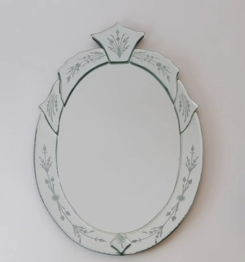 Vintage Small Oval Italian Murano Mirror, Venetian Ornate Beveled Wall Mirror