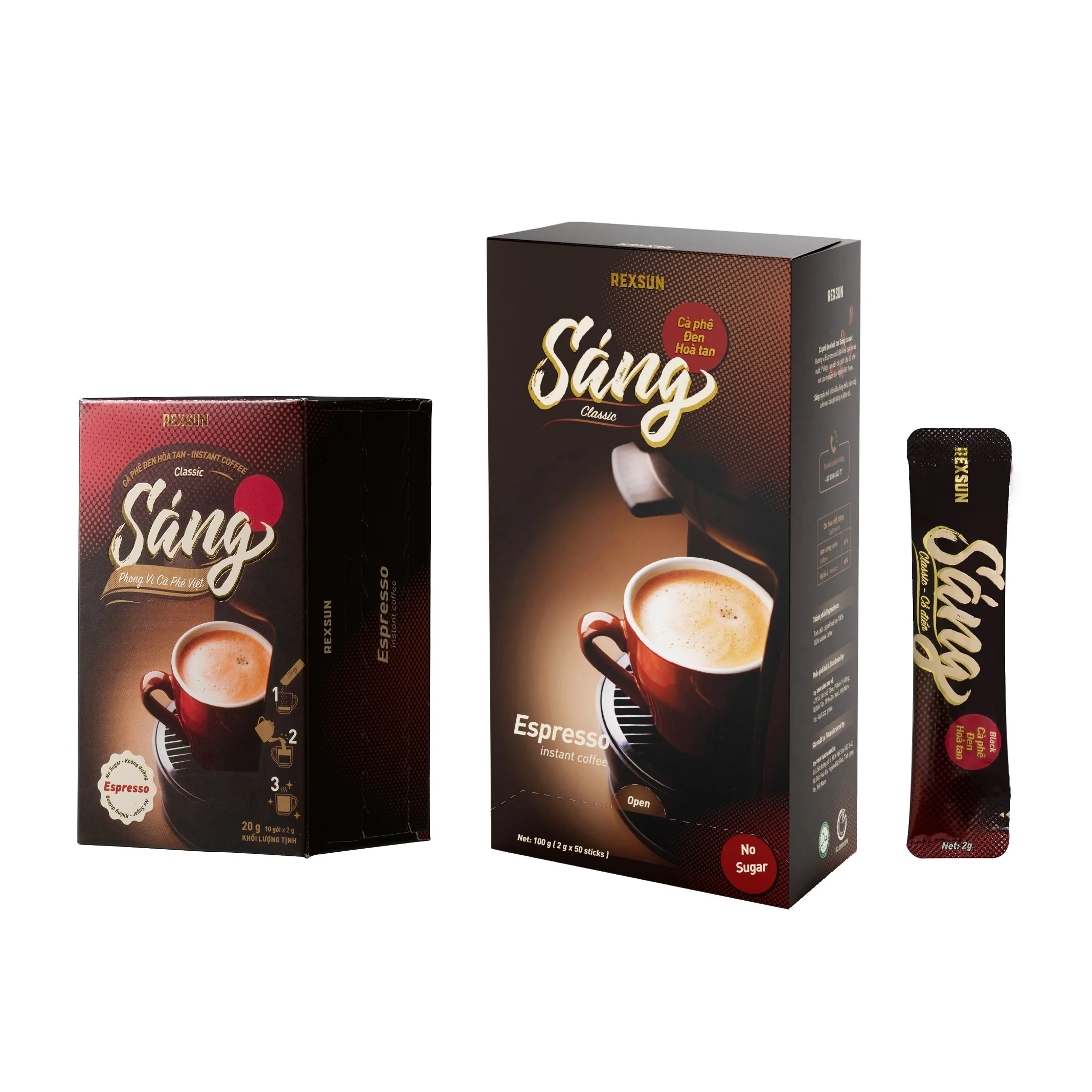 Instant Black Coffee SANG ESPRESSO 10 and 50 Sticks x2g/Box, Sugar-free Soluble Coffee Powder ready to drink from REXSUN Vietnam