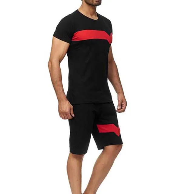 OEM Customized Logo Black and Red Color Slim Fitness 100%Cotton Customized Logo Embroidery Printing Men T Shirts and Shorts Sets