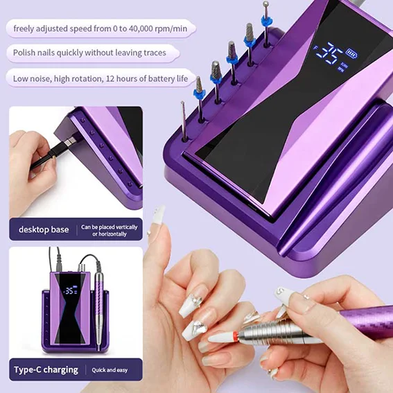 2024 New3 Colors Strong Brushless Nail Drill Rechargeable Portable Professional 40000 Rpm Nail Drill Machine