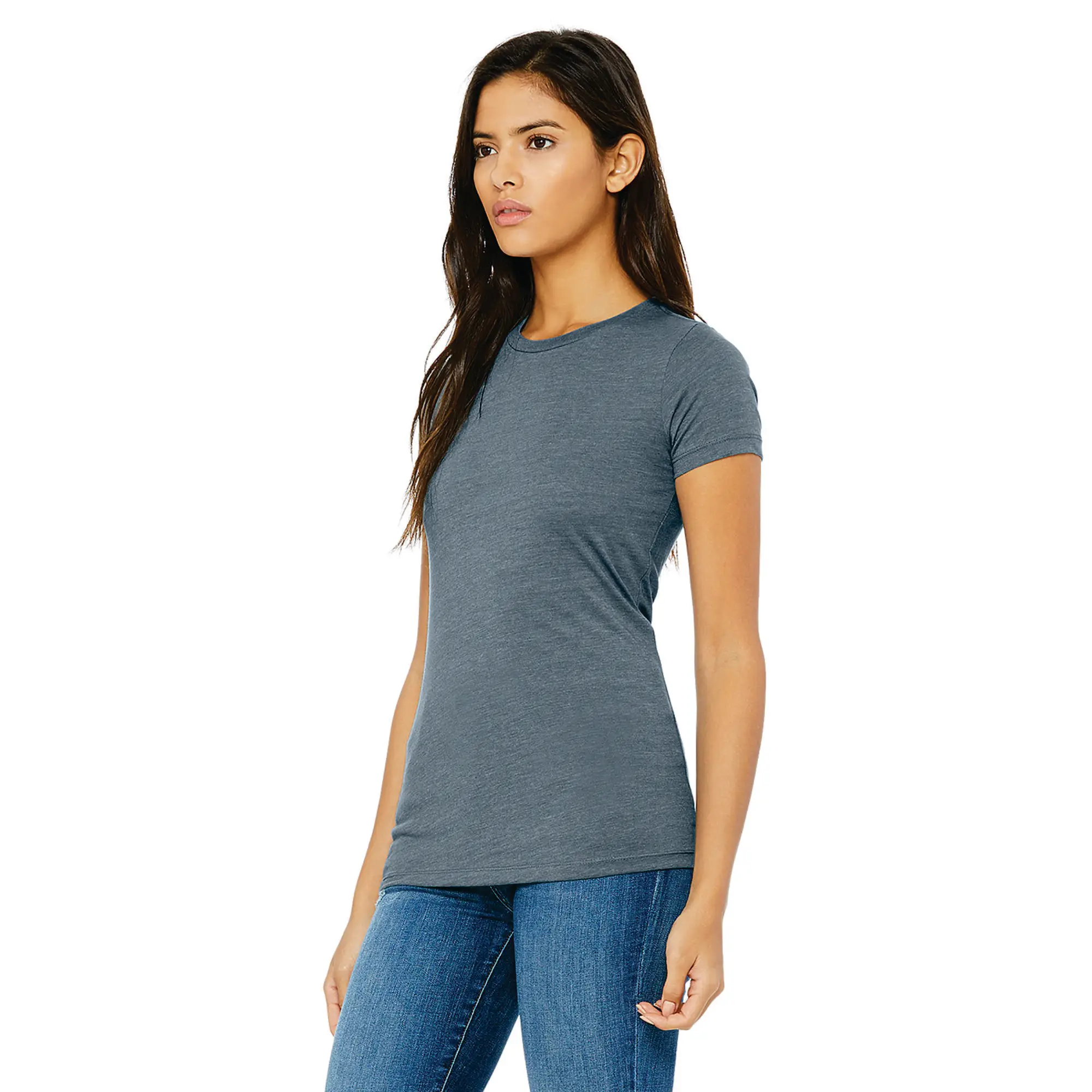 Shoulder Taping Longer Body Length 100% Airlume Combed and Ring Spun Cotton 32 Single 4.2 oz Heather Slate Womens Slim Fit T-Shi
