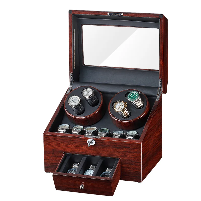 Wooden Automatic Watch Winder Display Box for 4+ 9 Storage Case Qiuet Motors AC Adapter and Battery Powered
