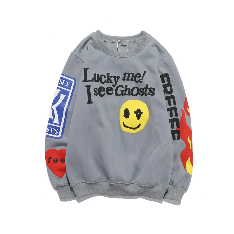 Kanye Kanye Men and Womens Hip Hop Foaming Smiley Face Graffiti Print Crew Neck Sweater for Couples