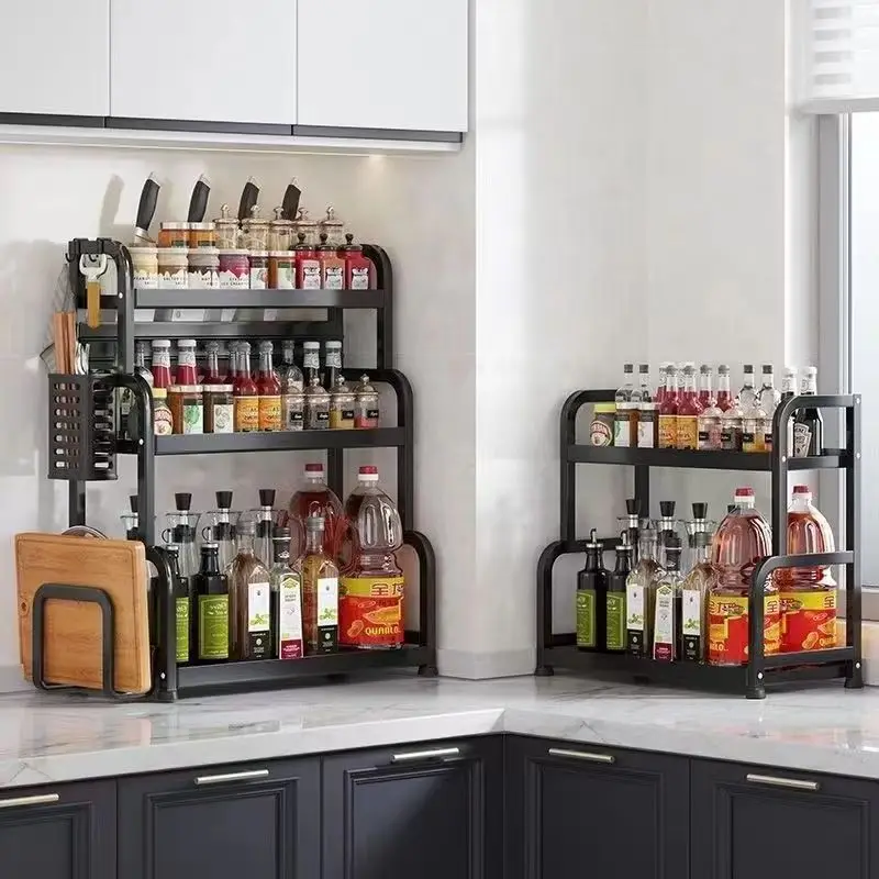 Multifunctional Three-Tier Standing Kitchen Rack Metal Shelf Spice Storage Seasoning Organizer Plastic Iron Bathroom Accessories