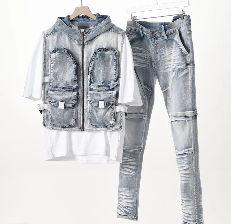 Custom high quality goods distressed vintage acid-washed raw edge super skinny flash stacked jeans for men