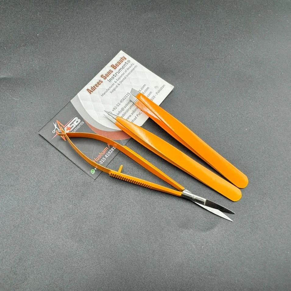 Orange Color Eyebrow Tweezers Custom Logo Sustainable Steel Slanted Pointed Tips Brow Tweezer With Brow Eyelash Spring Scissor