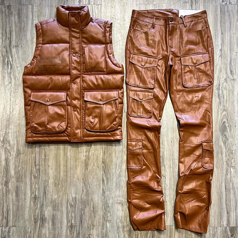 Streetwear Custom Leather Outfit Embroidered Zip Up Leather Shirt And Pu Stacked Flare Pants Sets Leather Track Suit Men