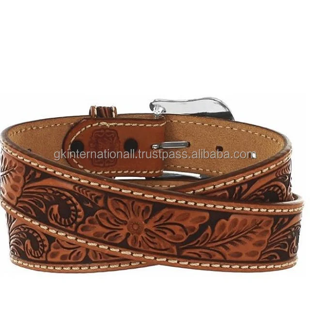 Quality leather western punk belt floral embossed decoration Genuine Belt wholesale full grain leather Belt for men