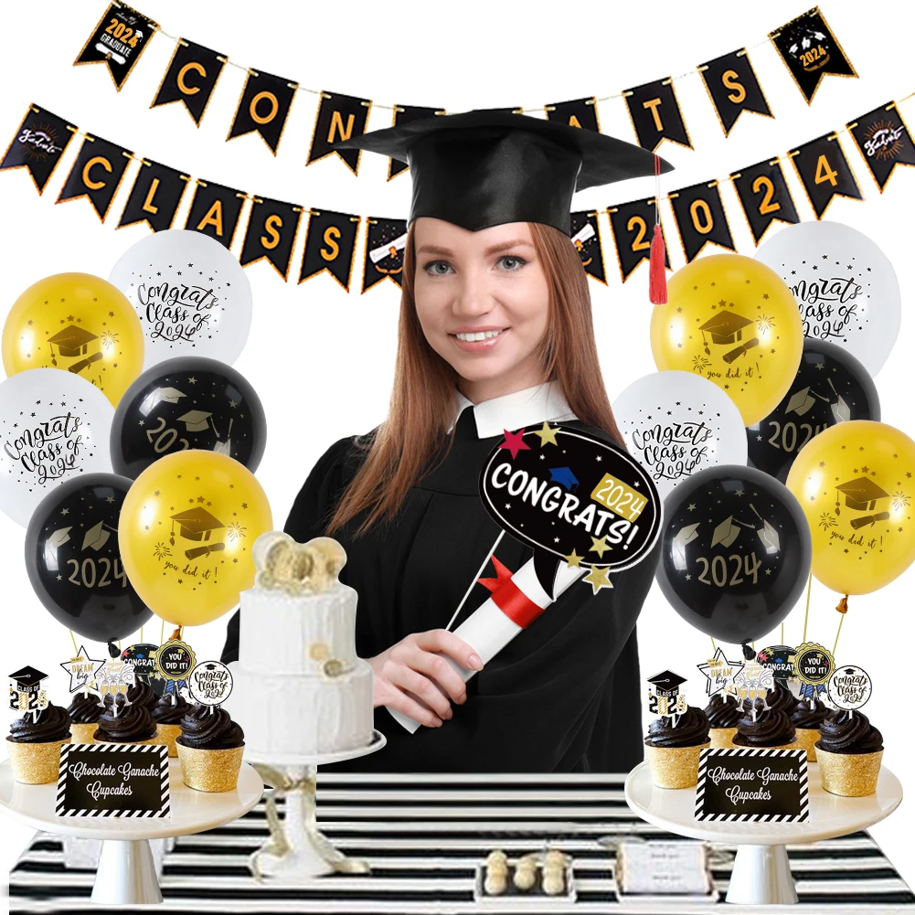 85pcs Cake toppers graduation props graduation decor balloons  2024 Graduation Party Decoration Set