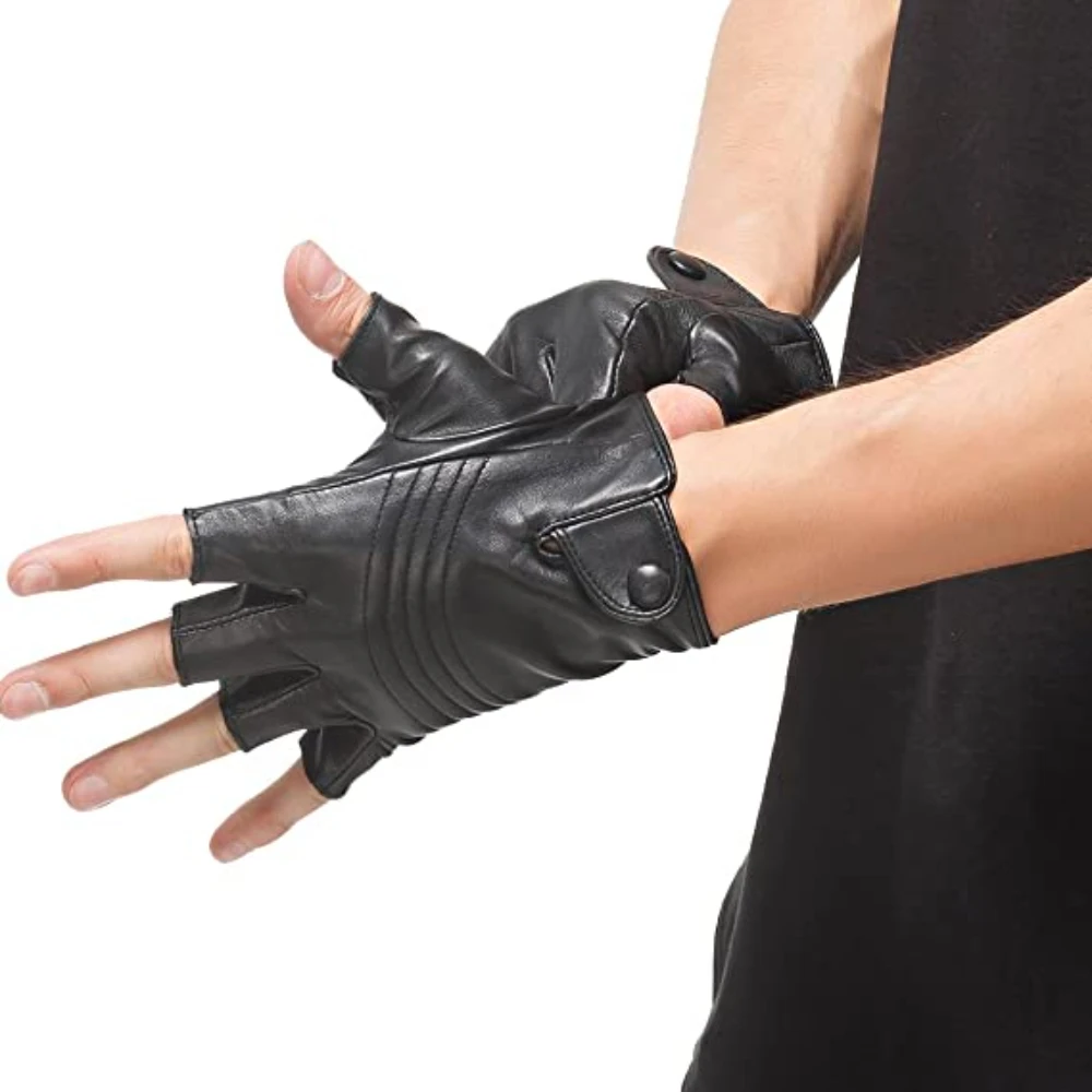 Men Fingerless Half Finger Driving Fitness Motorcycle Cycling Unlined Leather Gloves XX Large Black Blue Thread
