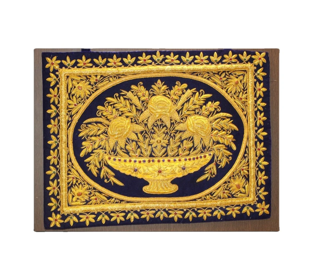 Arabic Zari Hand Embroidered Arabic Pattern Wall Panel Hanging Worship Praying Carpet