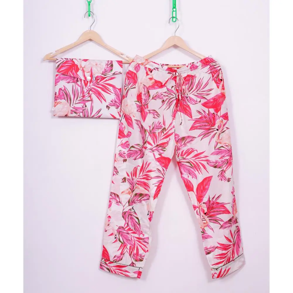 Indian Cotton Pyjama Set Hot Pink Floral Pj Set Night Suit for Womens Available at Affordable Price from India