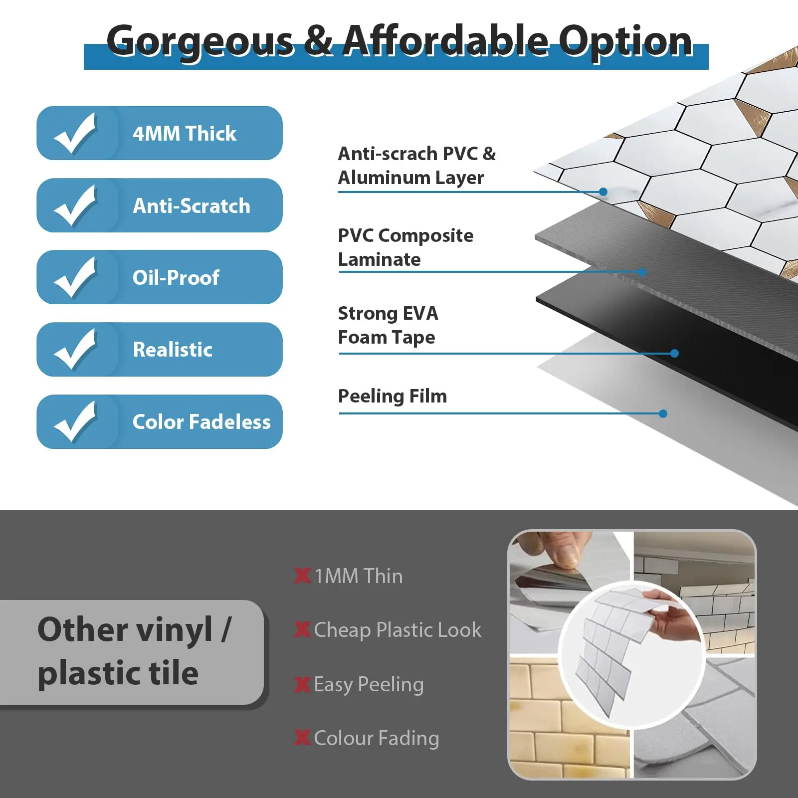 Peel and Stick Backsplash Tile, Stick on Backsplash, Hexagon Marble Look PVC Mixed Metal Gold Self Adhesive Metal Mosaic Tiles