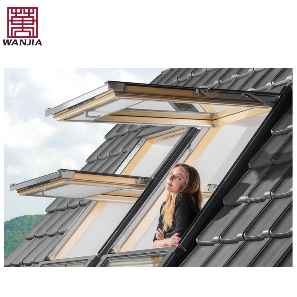 WANJIA Balcony Aluminum Wood Double Glass Skylight Roof Windows Home Skylight Window