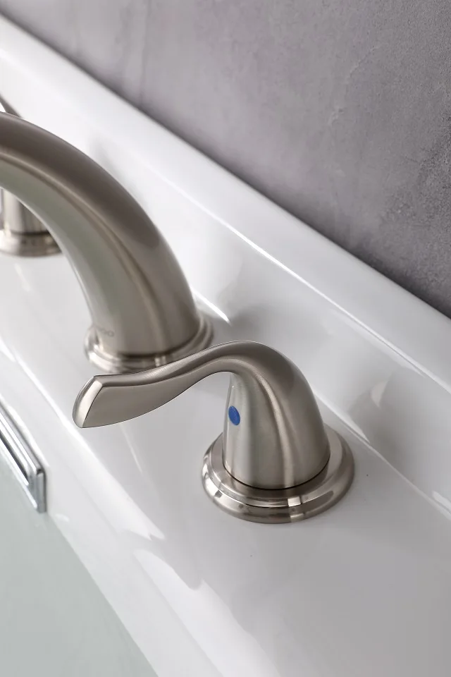 Brushed Nickel Bathroom Faucet, Bathroom Vanity Sink Faucets with Pop-up Drain and Supply Hoses Two Handles Widespread 8 Inch