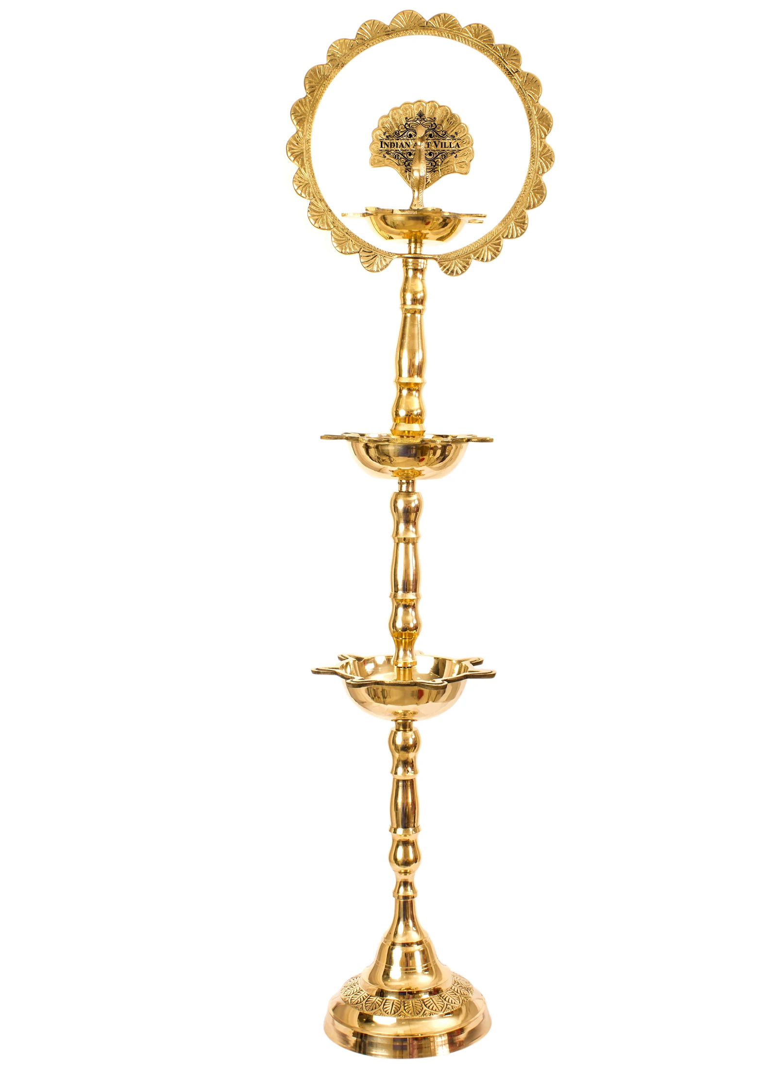 Indian Art Villa Pure Brass Oil Lamp Stand/Pillar 3 Step Diya/Deepak/Lamp/Lantern With Peacock Design, Pooja, Home Decor