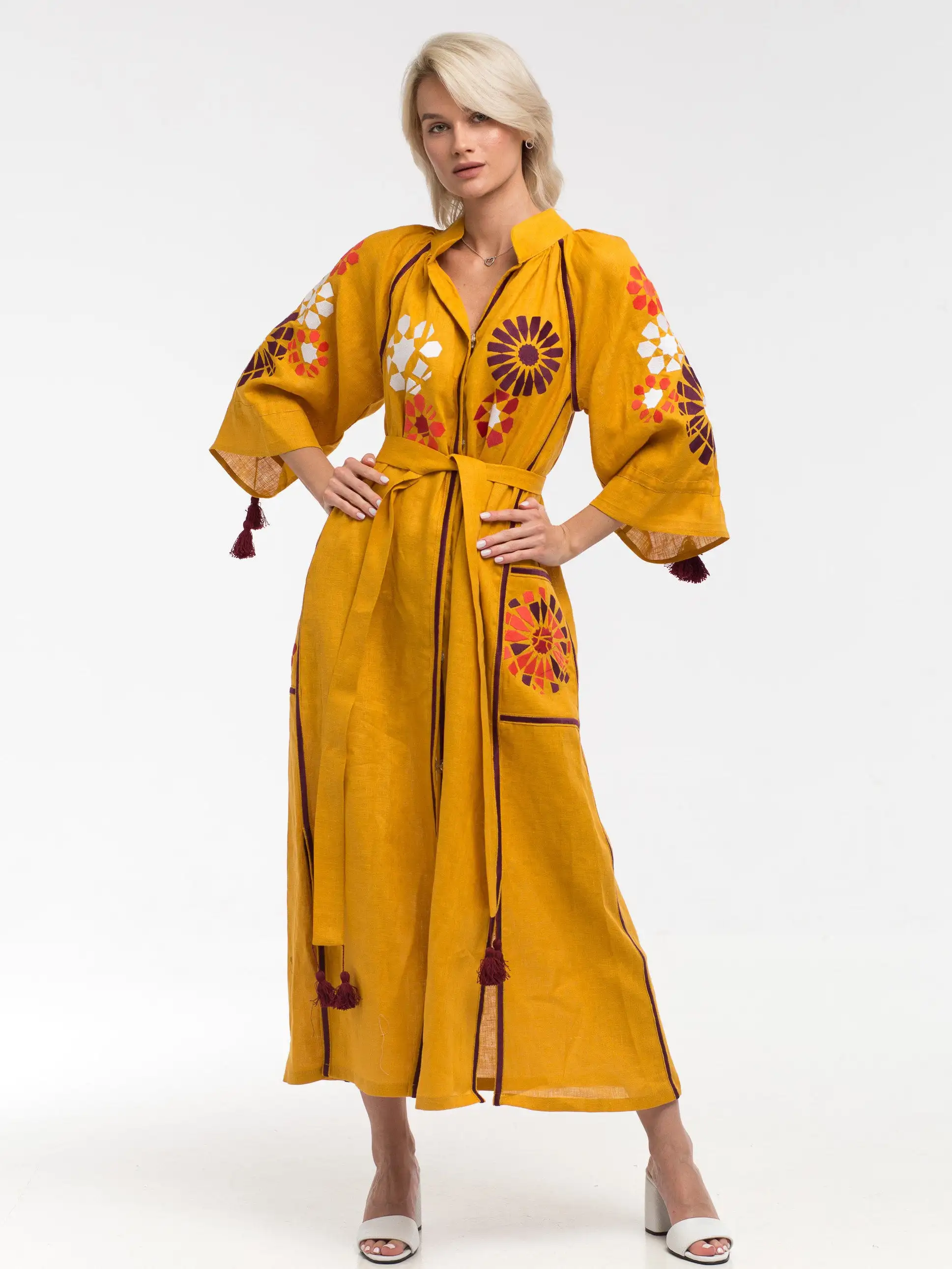 New Exclusive Floral Embroidered Folk Ethnic Ukrainian Long Balloon Sleeves Ethnic Ukraine Dresses