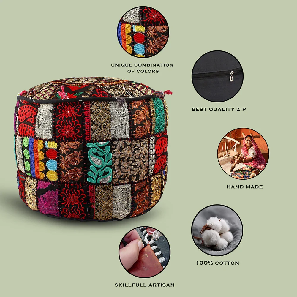 Indian Style Premium Embroidery Pouf Ottoman with Ethnic Decor Art Available for Worldwide Export from India