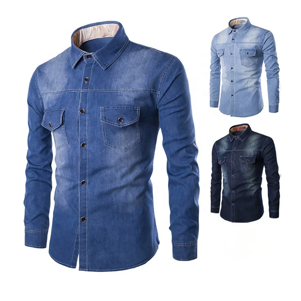 Best Quality Long Sleeve Turn-Down Coll Cotton Solid Color Casual Men Jeans Shirt
