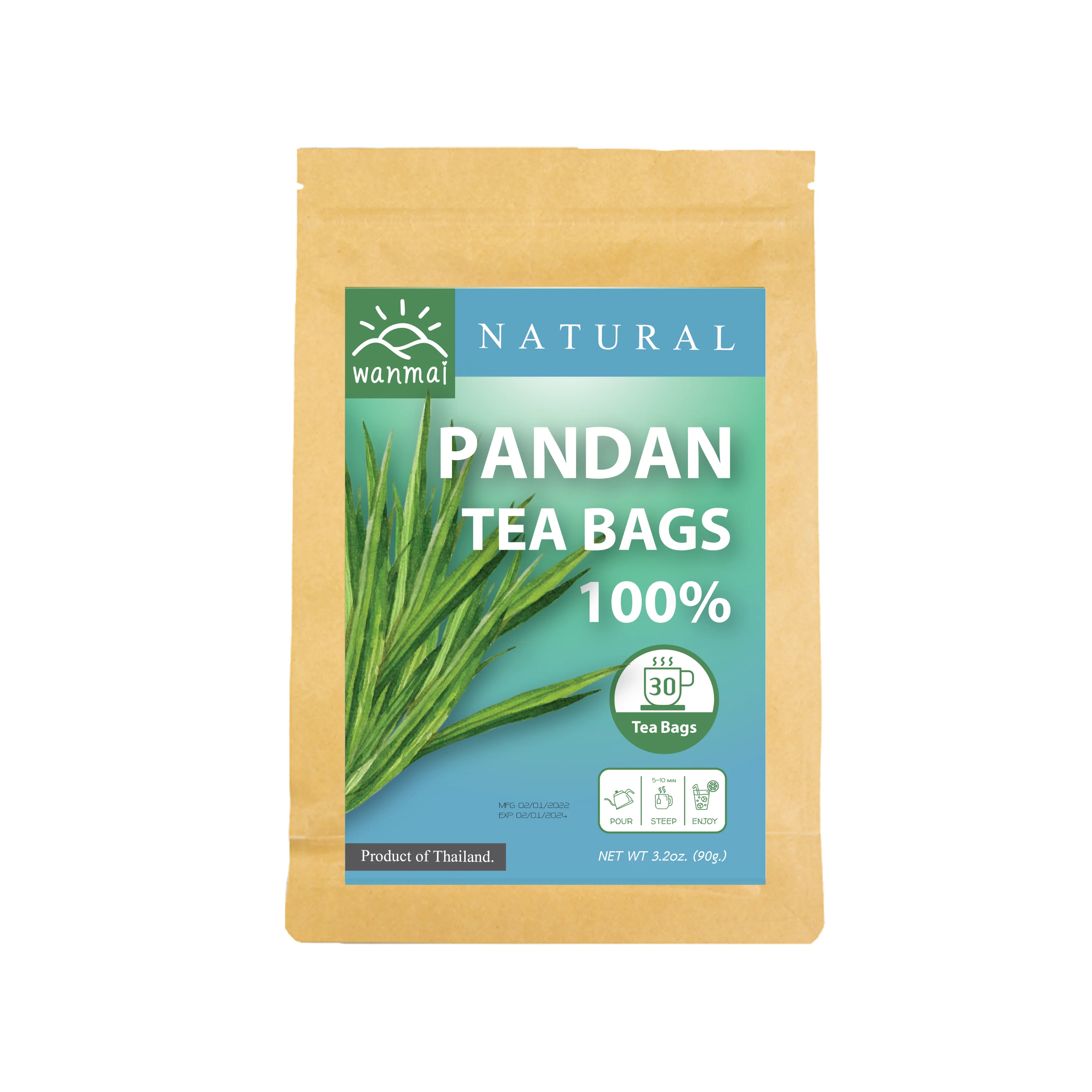 WANMAI29 Pandan Tea Supports Vegan and Ketogenic Diets 100% Real Herb in Kraft Steeping Bag