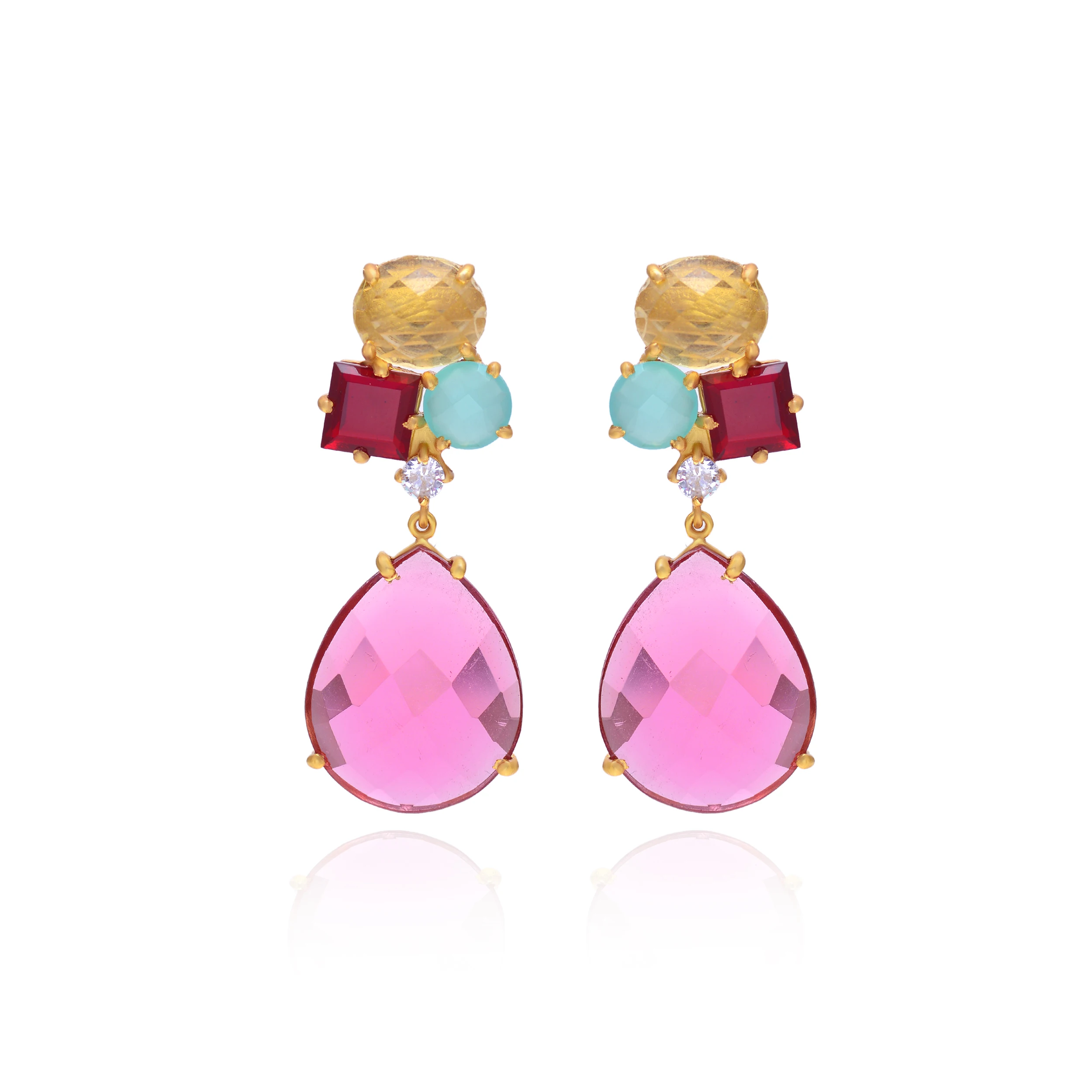 Bohemia Retro Natural Lemon Garnet Aqua Chalcedony Pink Tourmaline Gemstone Vintage 925 Sterling Silver Gold Plated Earrings