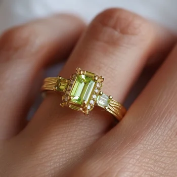 Elegant 18K Yellow Gold Ring with Emerald Cut Peridot Flanked by natural Diamonds, Fine Jewelry