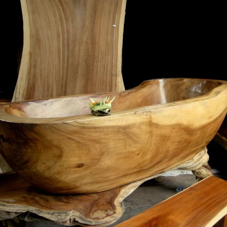 Hot Sale 100% Newest Design Originel Whole Natural Big Suar Wood Freestanding Single Wooden Resin Thick Lips Bathtubs