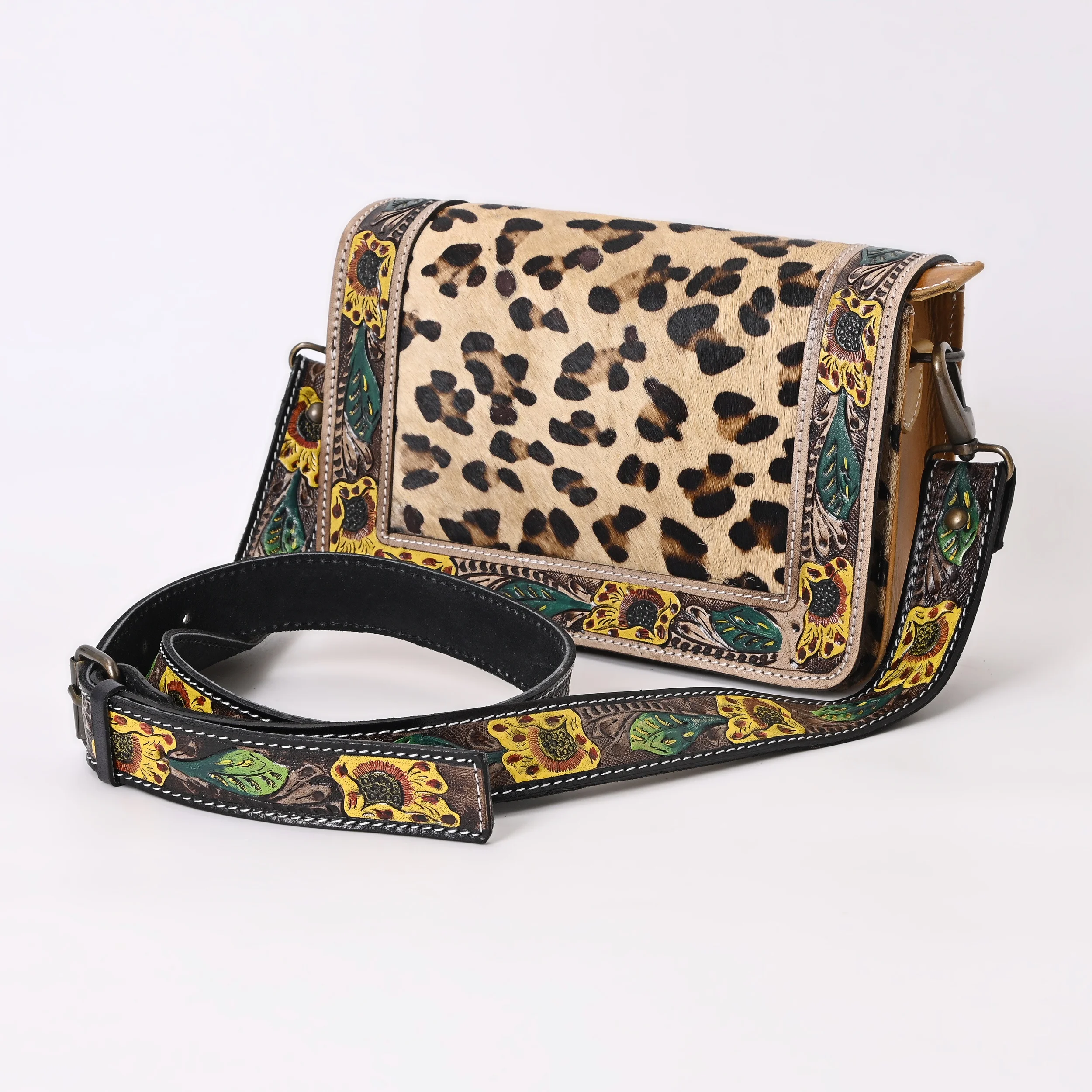 Cowhide Leather Messenger Bag Sunflower and Leaf Hand Tooling Shoulder Tote and Sling Styles Multiple Pocket Magnet on Flap