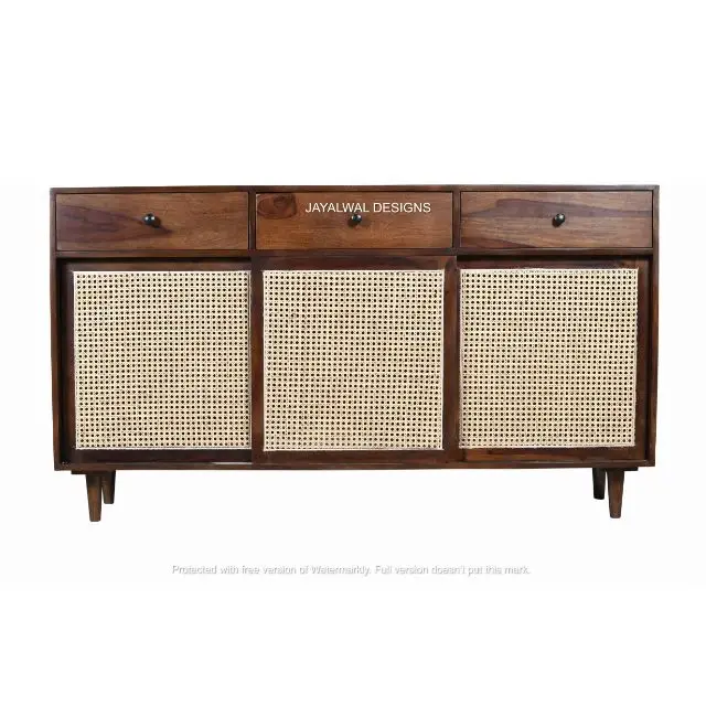 Hot Selling Natural Rattan Cabinet Large Wooden Buffet Sideboard Storage Cabinet with Metal Legs