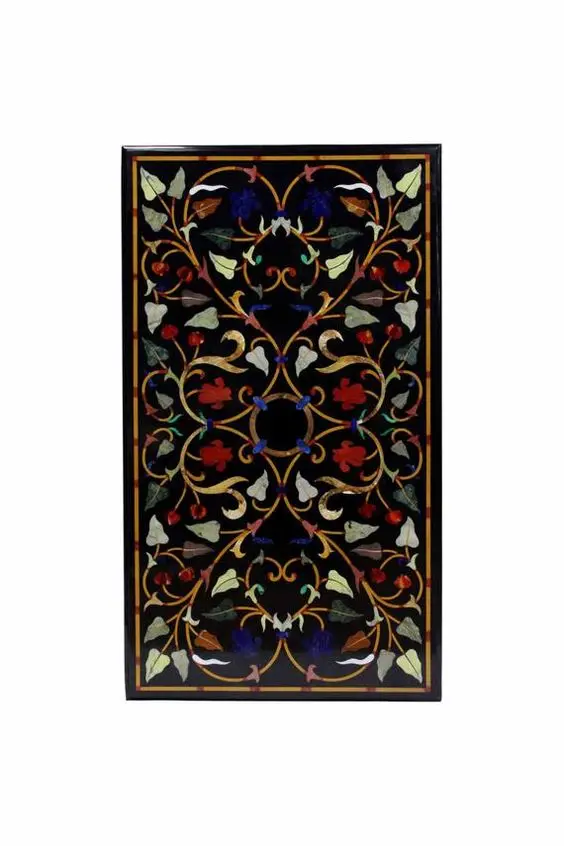 Black Marble Indian Handcrafted Exclusive Dining Table Top Micro Mosaic Inlay Art Work