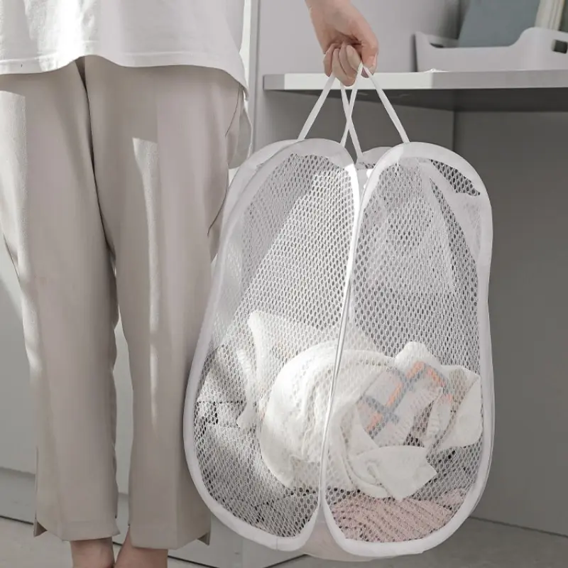 Foldable Laundry Basket Bathroom Clothes Organizer Mesh Storage Bag For Dirty Clothes