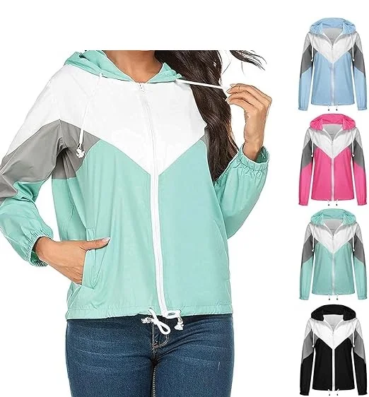 Windbreaker Hoodie Jacket Coat for Womens Fashion Track Anorak Ripstop Breathable Quick Dry Cotton Lining Patchwork Packable