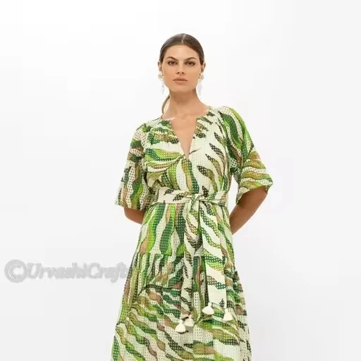 Latest Indian Fashion Made From Specialty Open Weave Cotton Rounded Neckline With Hook And Eye Closure Belted Dress