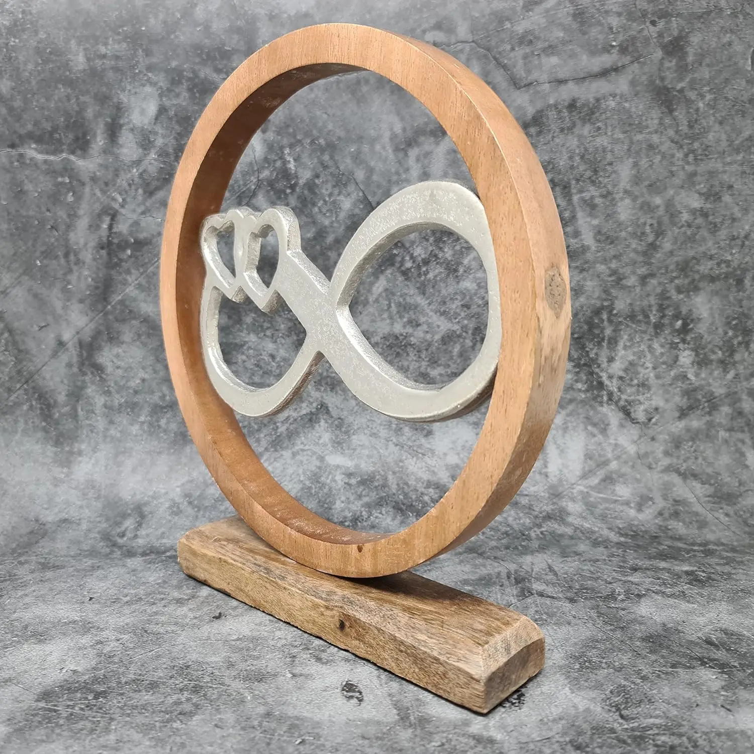 Luxury Design Lifestyle & More Modern Sculpture Infinity in a Circle Aluminum on Base Mango Wood Silver Brown With Low Price