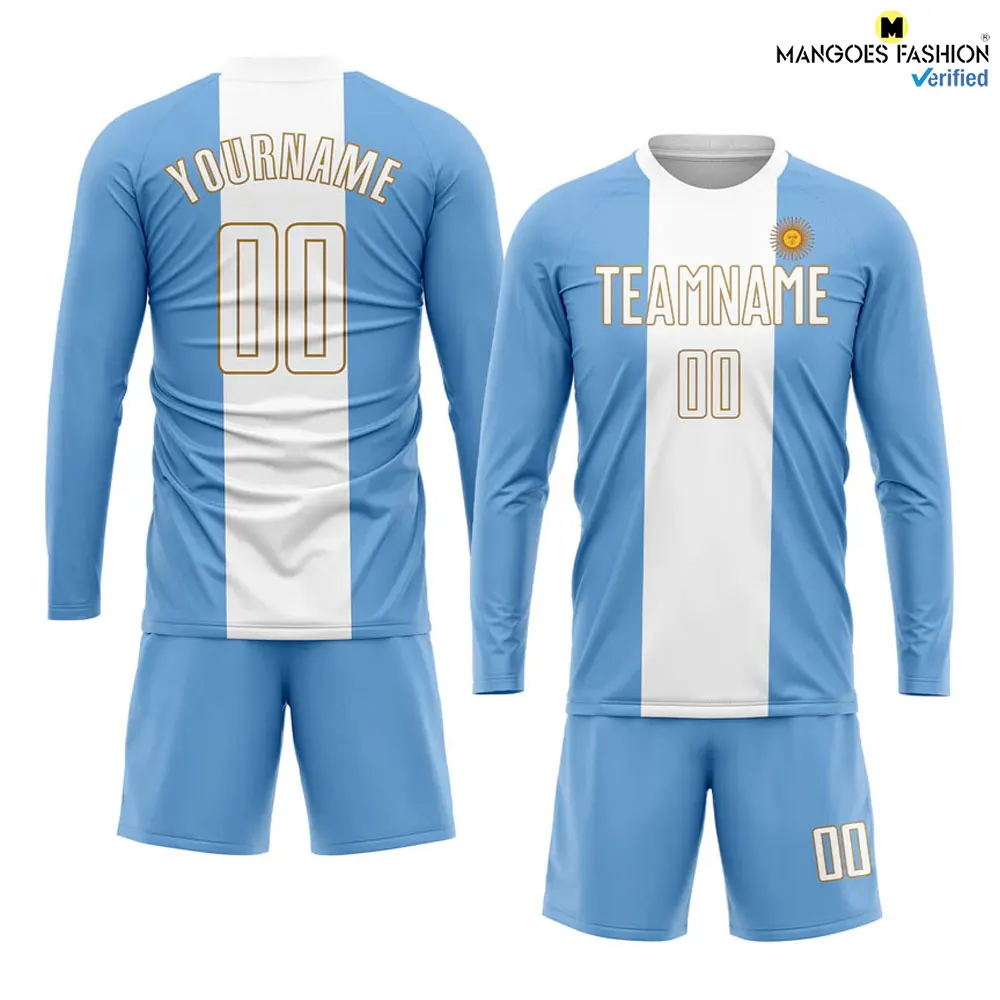 Custom Light Blue White-old Gold Sublimation Argentinian Flag Soccer Uniform Jersey Men Soccer Uniform Team Shirt Shorts