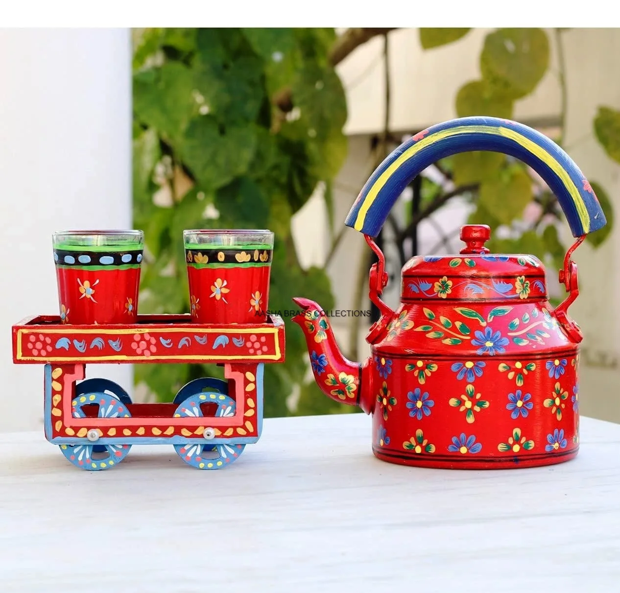 Dark Red Hand Painted Traditional Tea Coffee Kettle Set Made In Aluminum Decorative Beautiful Customized Design Cheap Price