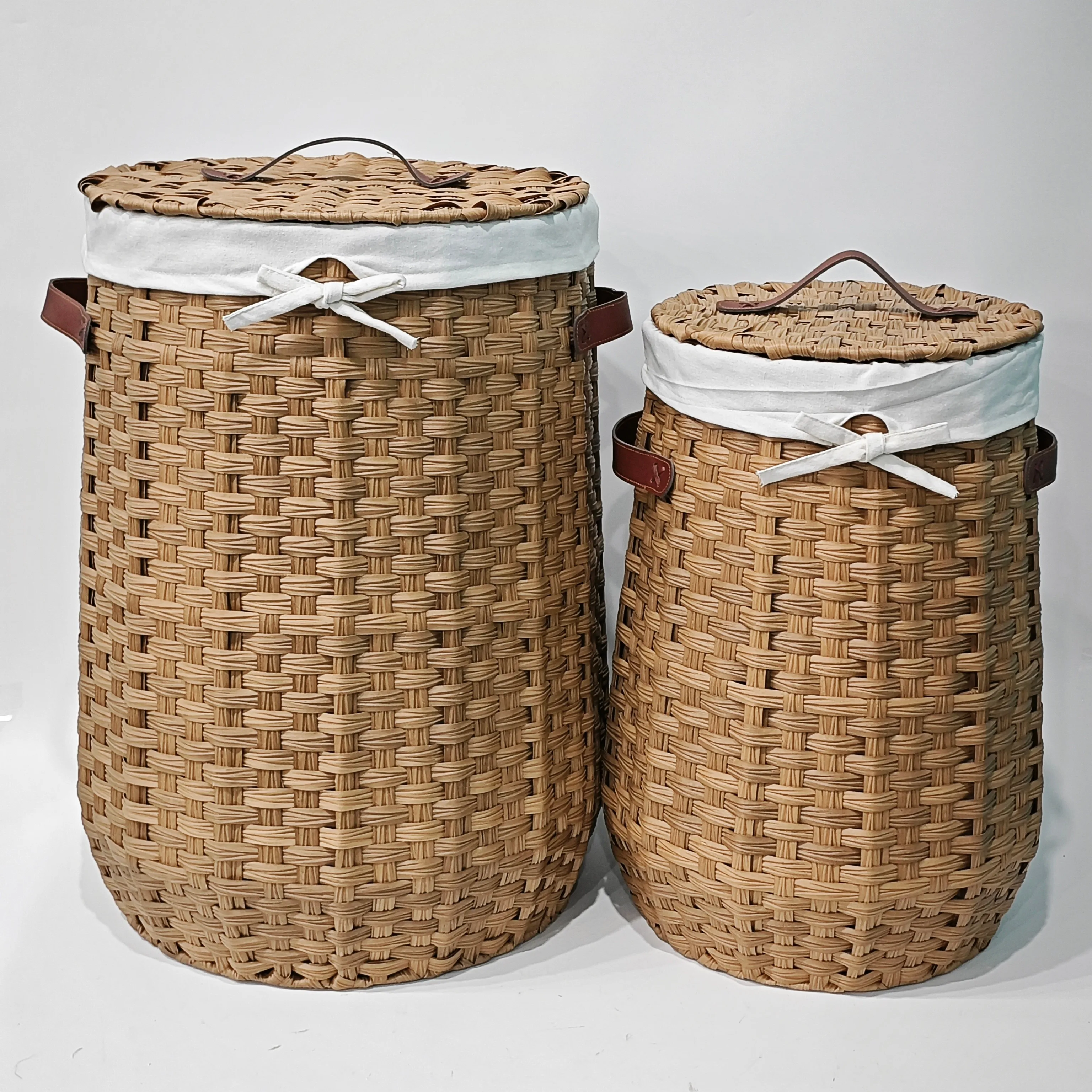 JY 2 Sets Large Round Wicker Basket for Clothes Storage Water Hyacinth Rattan Hamper Woven Laundry Hamper Basket with Lid
