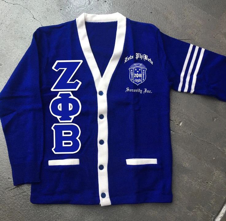 Sorority and Fraternity Zeta Phi Beta greek tackle twill chenille patches  letters acrylic winter lightweight cardigan sweater