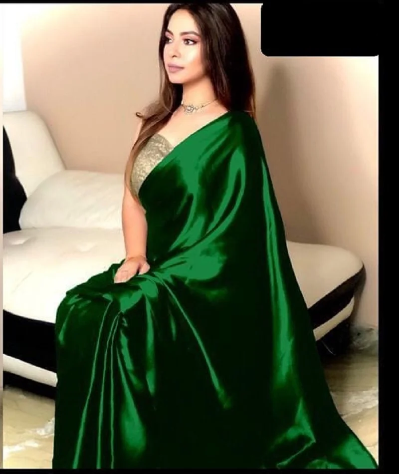 New Indian and Pakistani Style Fancy Satin Silk Saree with Gota Satin with Sequence Work Blouse for Casual Wear Plain Saree