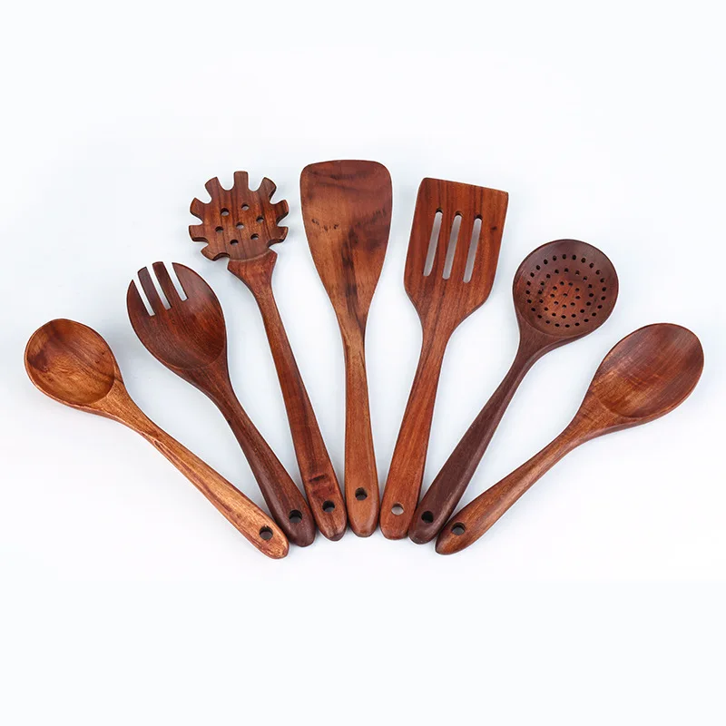 High quality Natural Teak Acacia Kitchen Accessories Cooking Tools Wooden Kitchen Utensils Cookware Wood Utensil Set