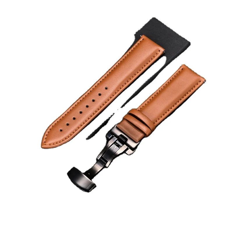 Wholesale Smooth Genuine Calfskin Leather Watchband 18mm 20mm 22mm 24mm Straps with Solid Automatic Butterfly Buckle Watch Band