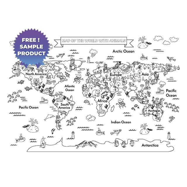Dry Erase Animal Themed World Map Painting Activity Decal Reusable Durable Polystyrene Material Holds The Surface With Static El