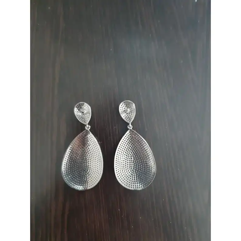 925 Sterling Silver Dangle Earring White Topaz Gemstone Vintage Jewelry Pave Setting Black Oxidized