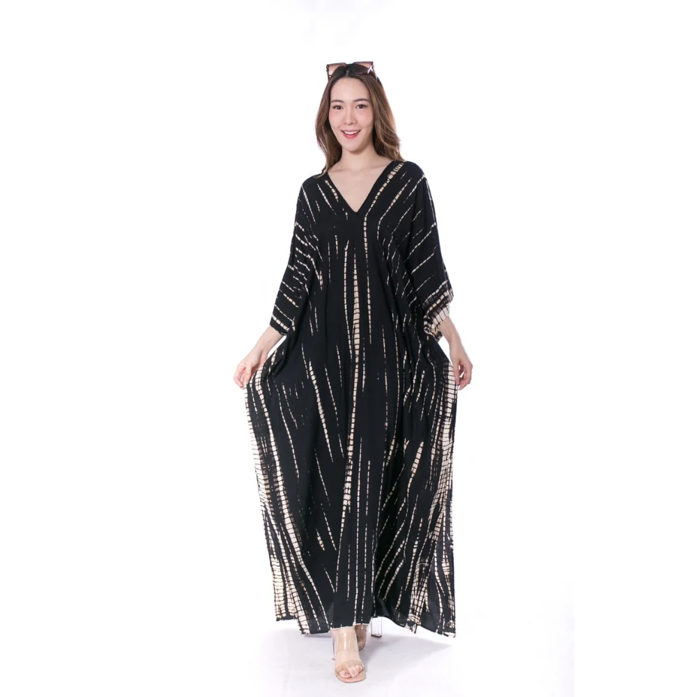 Free Size Printed Pattern Tie Dye Summer Dress Women Casual Stripe Batwing Plus Size Boho Clothing in Black Color