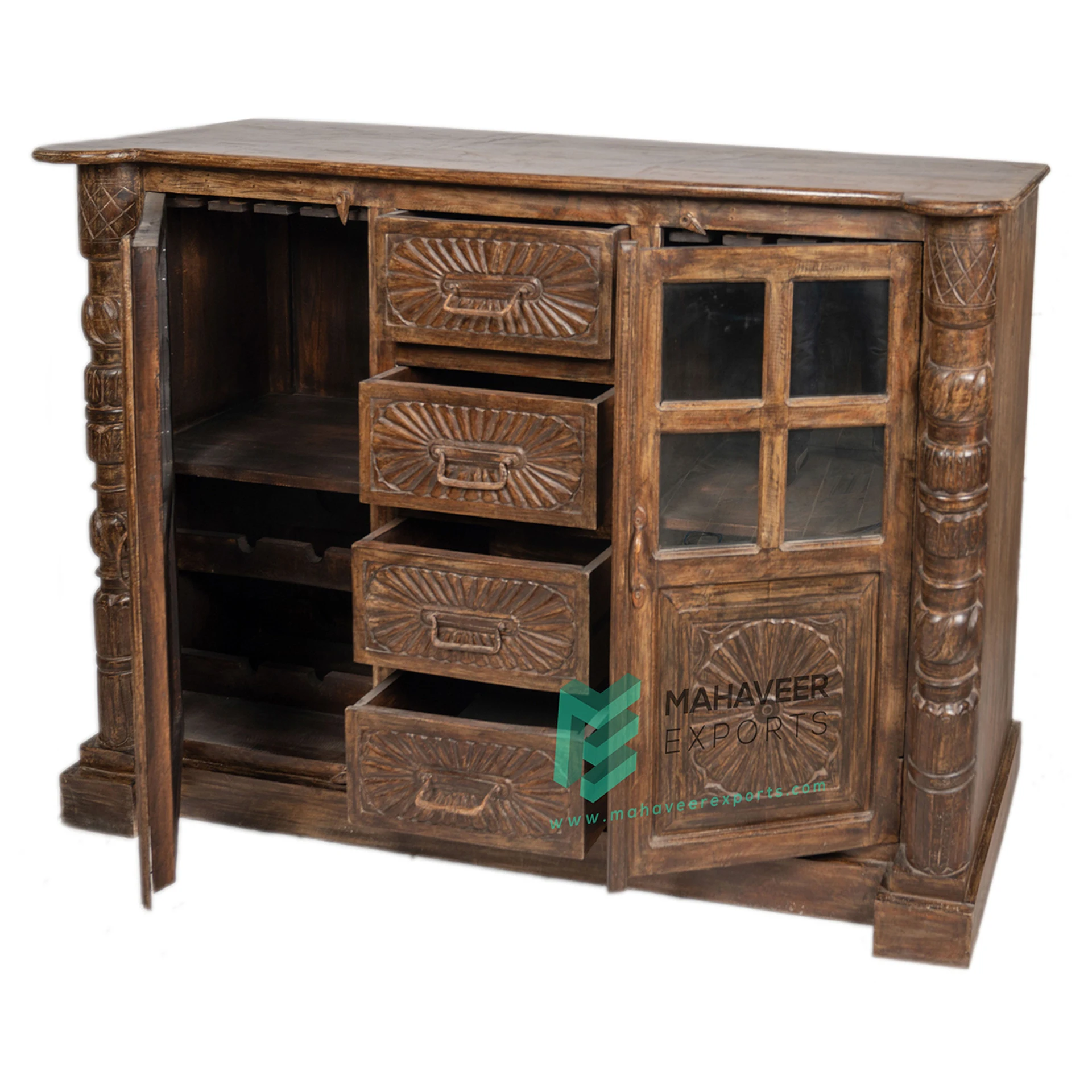 Hand Carved Wooden Two Door Four Drawer Sideboard Cabinet For Living Room / Kitchen Best Quality Multi-Functional Furniture