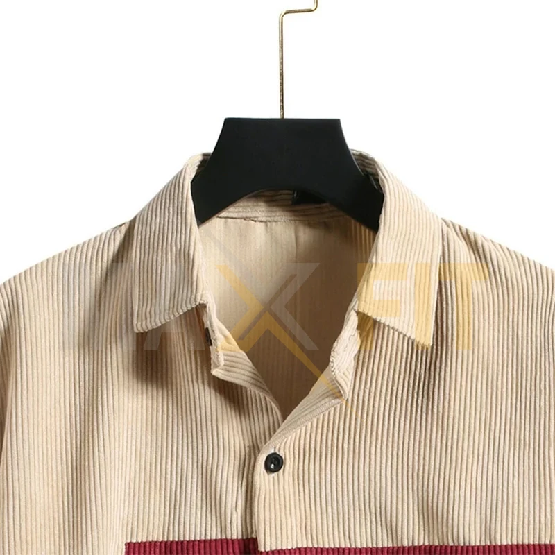 Corduroy Jacket Shirts for Men Loose Casual Color Block Patchwork Fashion Men Blouse Tops Long Sleeve Turndown Collar Lapel