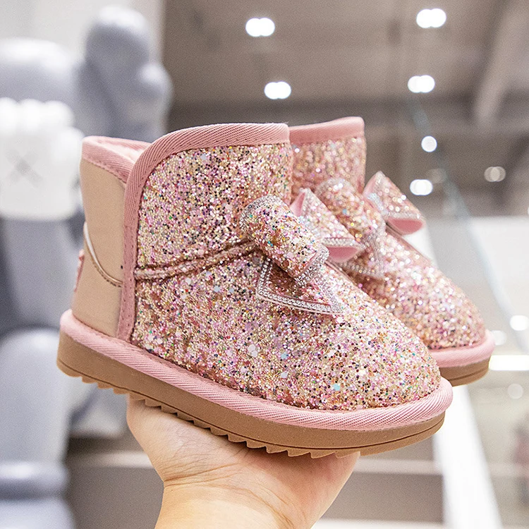 Оптовая продажа от фабрики детские зимние сапоги с блестками и бантом со стразами блестящие розовые высокие ботильоны резиновой стелькой для девочек