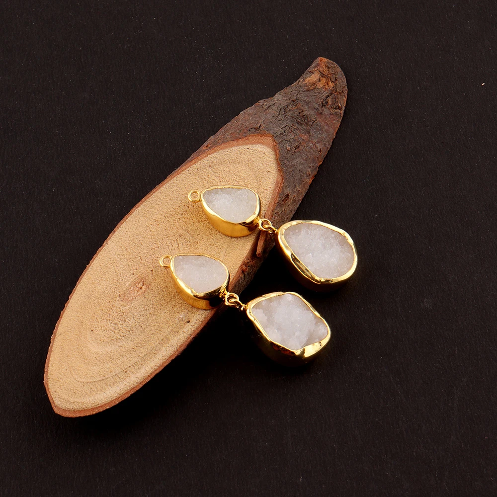 Gold Plated White Agate Druzy Earring Connector/ Collet Sett Rectangle & Round Shape Gemstone Finding Jewelry