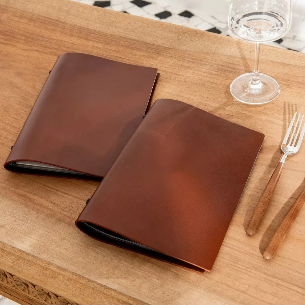 Handmade Leather A4 With Center Holder Menu With Embossing Restaurant Folder Binder Custom Cover LMC-0058