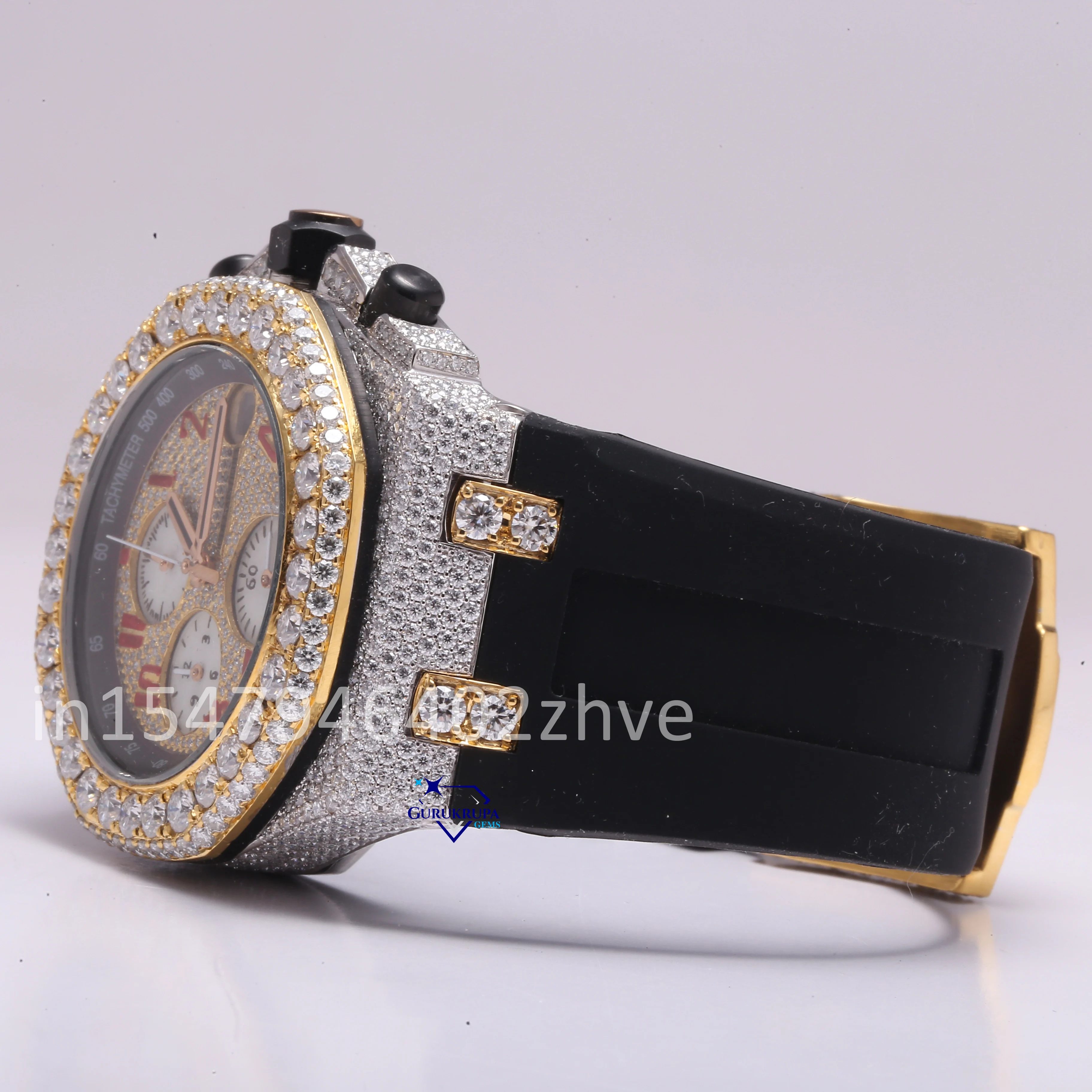 Customized mens luxury hip hop watch half iced out in moissanite diamonds with vvs clarity style in black rubber belt